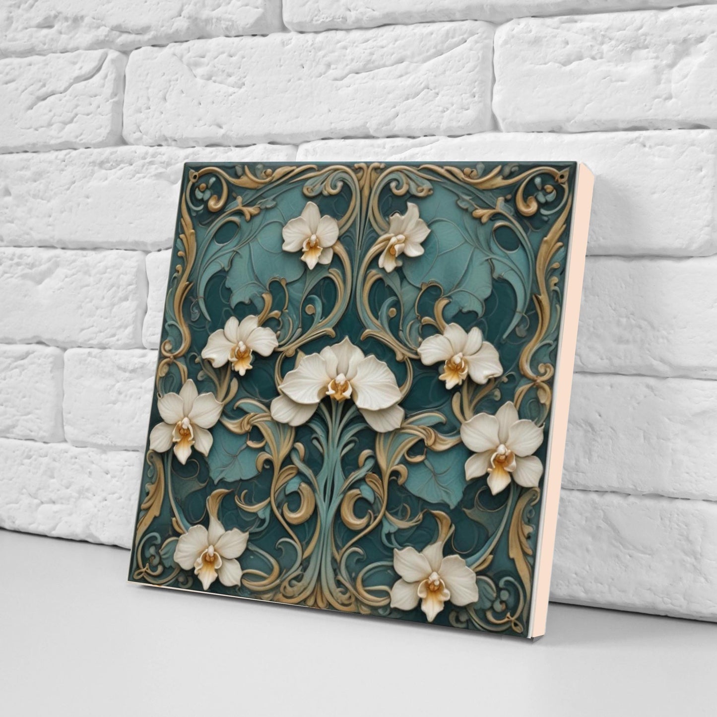 Orchid Tile Green Art Nouveau Tiles Flower Botanical Art Print Ceramic Tiles - Set of 2 Art Nouveau Wall Decor -Kitchen Backsplash, Bathroom