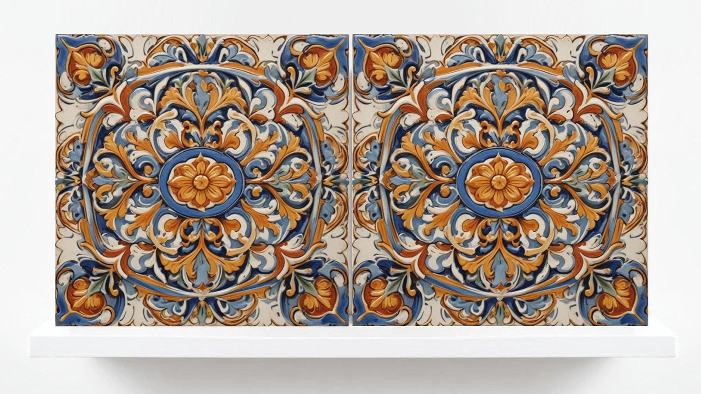 Italian Majolica Tiles - Set of 2 Sicilian Wall Decor Tiles - Kitchen Backsplash Tiles, Sink Splashback, Bathroom Tiles, Shower Wall,Coaster