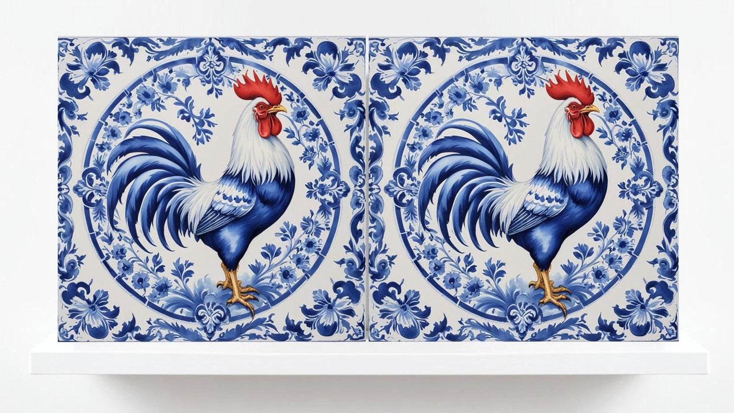 Rooster Tile-Delft Bird-Dutch Blue Ceramic Tile - Set of 2 Ceramic Delftware Tiles-Delft Prints-Kitchen Backsplash,Sink,Bathroom,Shower Wall