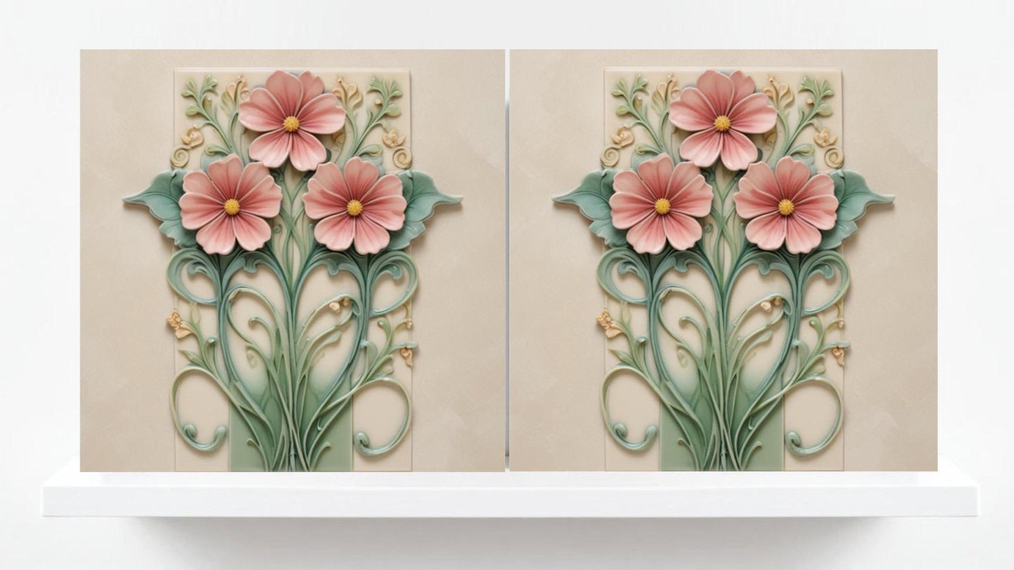 Art Nouveau Tile Flower Ceramic Tiles-Set of 2 Botanical Print Wall Decor-Kitchen Backsplash,Bathroom,Shower Wall,Sink Splashback,Fireplace