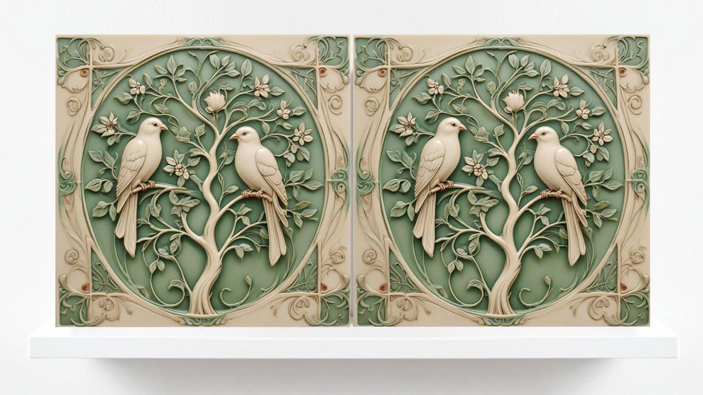 Art Nouveau Green Bird and Flower Tree Ceramic tiles-Set of 2 Botanical Tiles Birds Wall Decor,Birds Tiles-Kitchen Backsplash Tiles,Bathroom