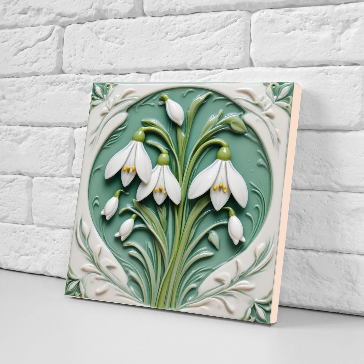 Snowdrop Tile Botanical Print Flower Ceramic Tiles -Set of 2 Green Art Nouveau Wall Decor-Kitchen Backsplash Tiles,Bathroom,Shower Wall,Sink