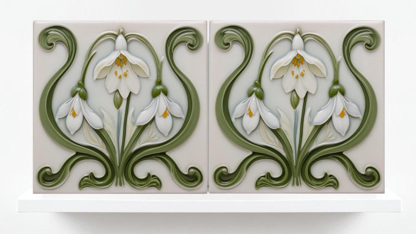 Snowdrop Tile Botanical Print Flower Ceramic Tiles -Set of 2 White Art Nouveau Wall Decor-Kitchen Backsplash Tiles,Bathroom,Shower Wall,Sink