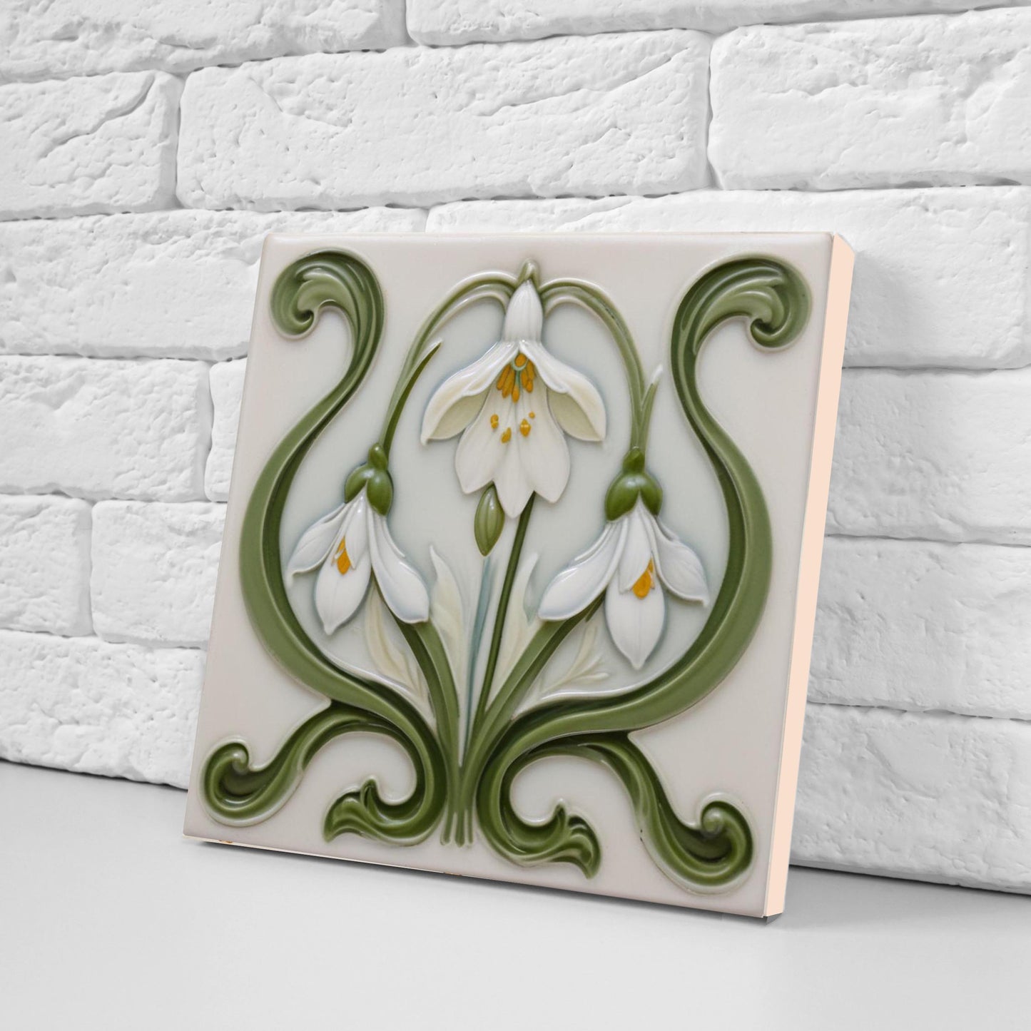 Snowdrop Tile Botanical Print Flower Ceramic Tiles -Set of 2 White Art Nouveau Wall Decor-Kitchen Backsplash Tiles,Bathroom,Shower Wall,Sink