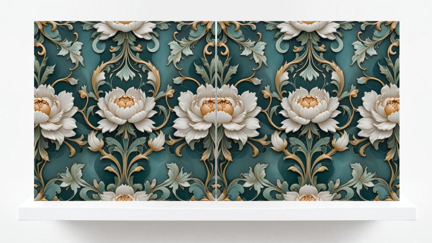 Peony Print Tile Green Art Nouveau Tiles Flower Botanical Ceramic Tiles - Set of 2 Peonies Wall Art Decor -Kitchen Backsplash, Bathroom,Sink