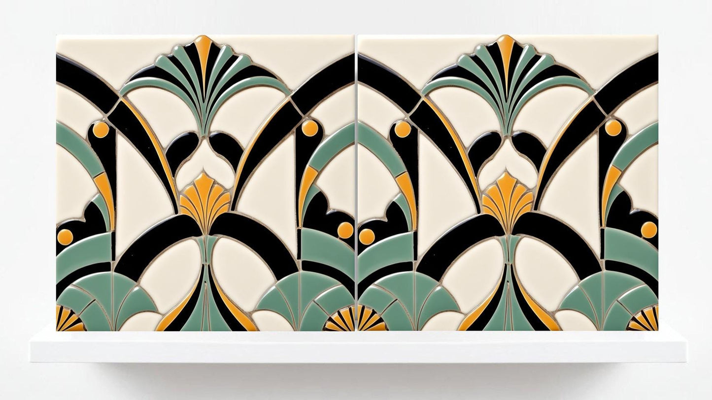 Art Deco Ceramic tiles - Set of 2 Art Deco Wall Decor Geometric Tiles - Kitchen Backsplash, Bathroom, Shower Wall,Sink Splashback, Fireplace