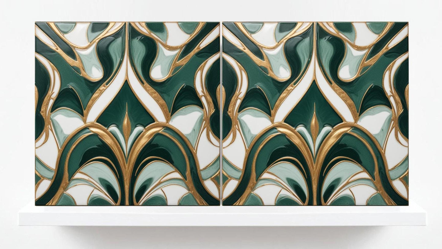 Art Deco Ceramic Tiles Green- Set of 2 Art Deco Wall Decor Geometric Tiles - Kitchen Backsplash Tiles,Table Decorative Tiles, Bathroom Tiles