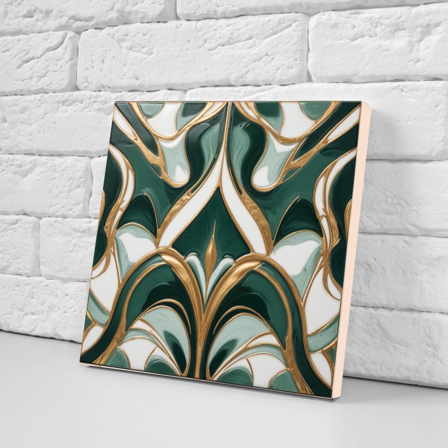 Art Deco Ceramic Tiles Green- Set of 2 Art Deco Wall Decor Geometric Tiles - Kitchen Backsplash Tiles,Table Decorative Tiles, Bathroom Tiles