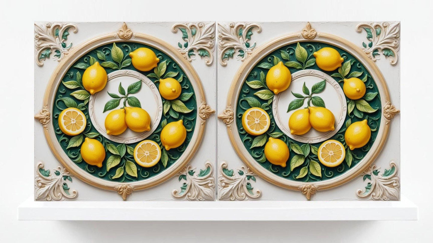 Italian Majolica Lemon Tiles - Set of 2 Mediterranean Wall Decor Tiles -Kitchen Backsplash,Bathroom, Shower Wall,Sink Splashback, Fireplace