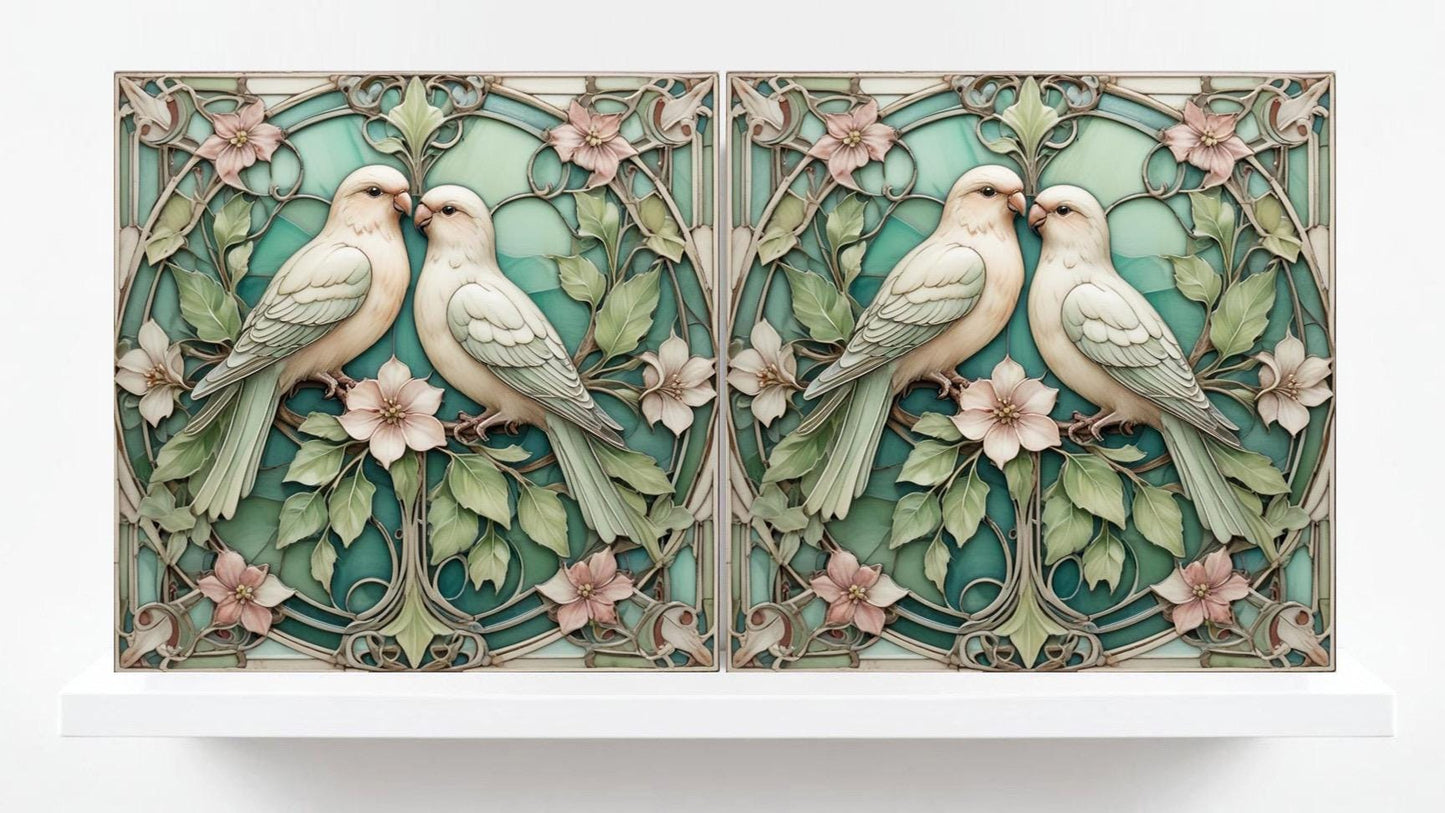 Art Nouveau Green Bird and Flower Ceramic tiles -Set of 2 Botanical Tiles Birds Wall Decor ,Birds Tiles -Kitchen Backsplash Tiles,Bathroom
