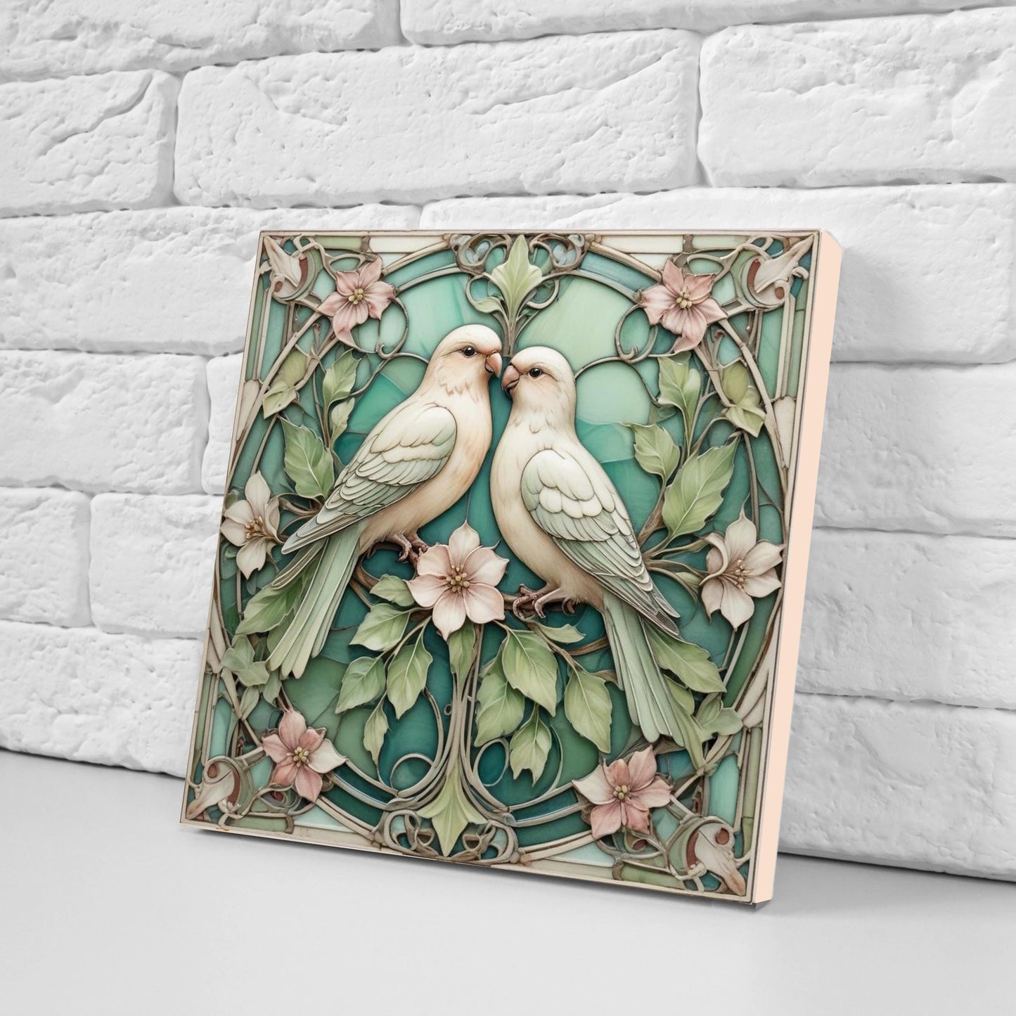 Art Nouveau Green Bird and Flower Ceramic tiles -Set of 2 Botanical Tiles Birds Wall Decor ,Birds Tiles -Kitchen Backsplash Tiles,Bathroom