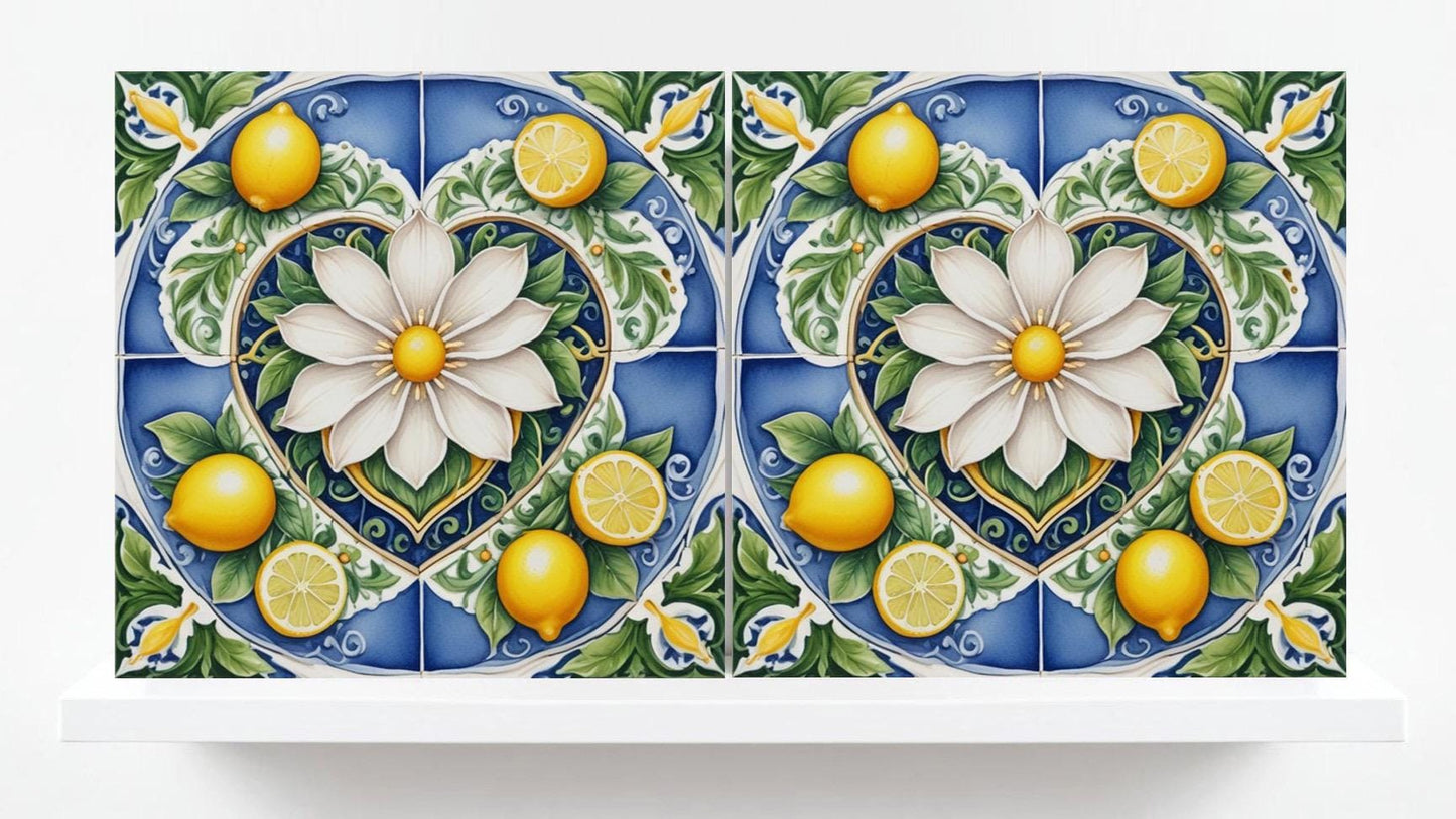 Italian Majolica Lemon Tiles - Set of 2 Mediterranean Flower Wall Decor -Kitchen Backsplash,Bathroom, Shower Wall,Fireplace,Sink Splashback