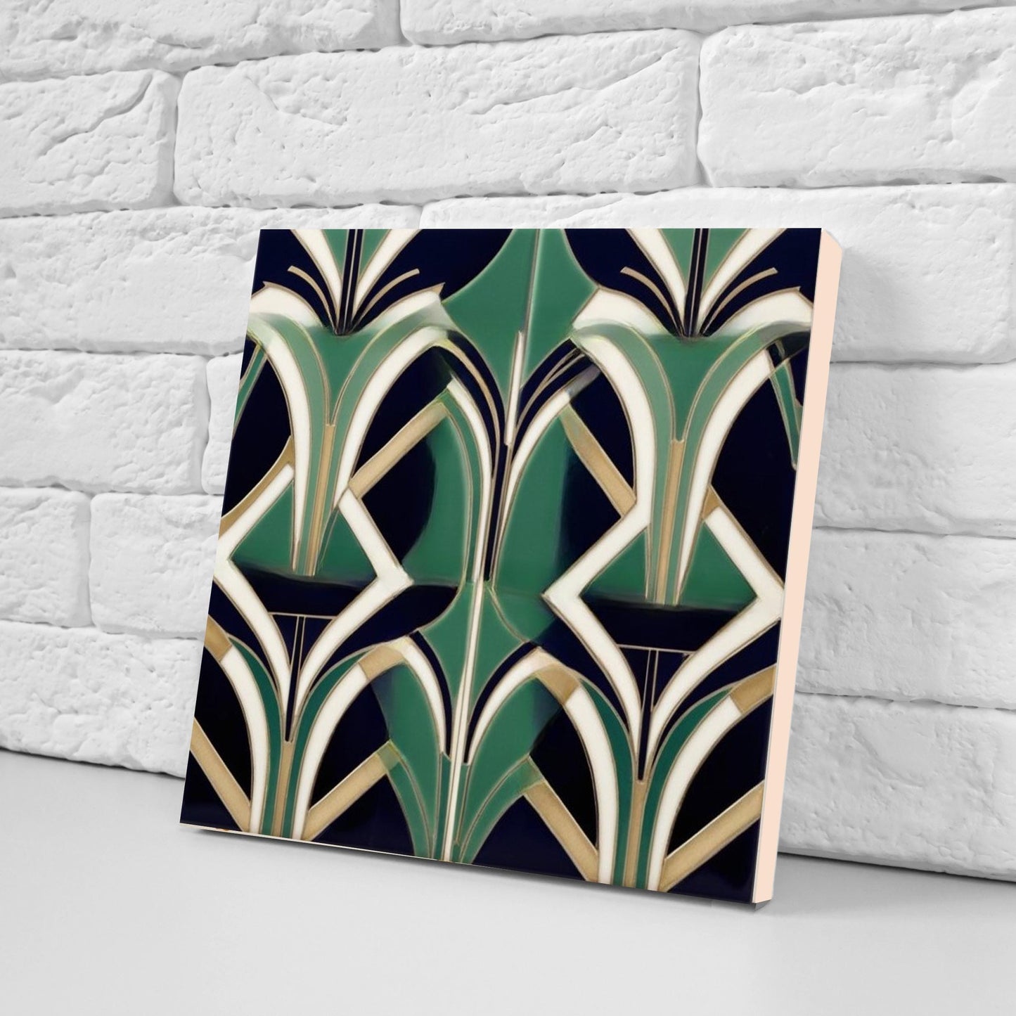 Art Deco Ceramic Tiles Green-Set of 2 Art Deco Wall Decor Geometric Tiles-Kitchen Backsplash, Shower,Bathroom Wall,Sink Splashback,Fireplace