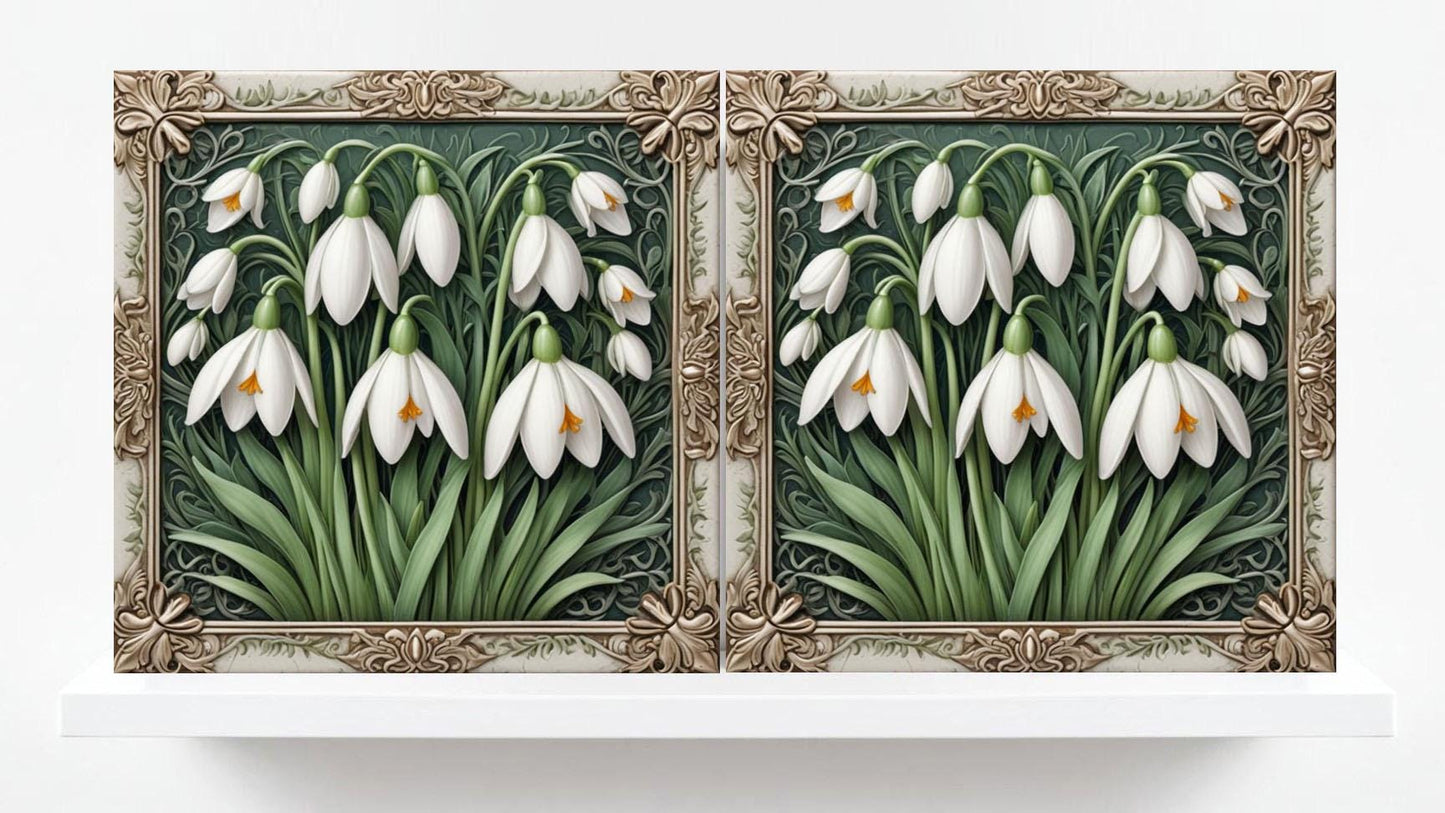 Snowdrop Tile Botanical Print Flower Ceramic Tiles -Set of 2 Green Art Nouveau Wall Decor-Kitchen Backsplash Tiles,Bathroom,Shower Wall,Sink
