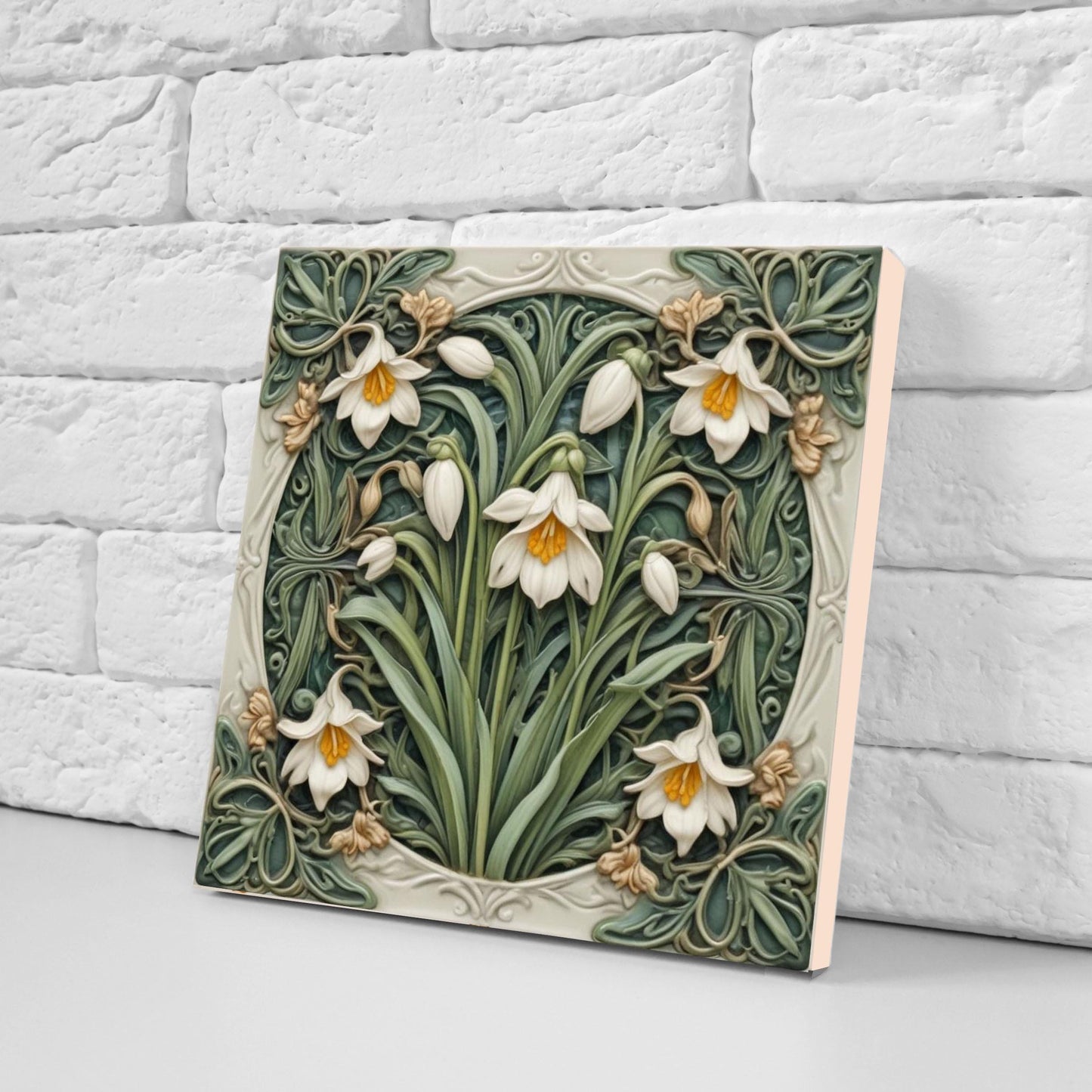 Snowdrop Tile Botanical Print Flower Ceramic Tiles -Set of 2 Green Art Nouveau Wall Decor-Kitchen Backsplash Tiles,Bathroom,Shower Wall,Sink