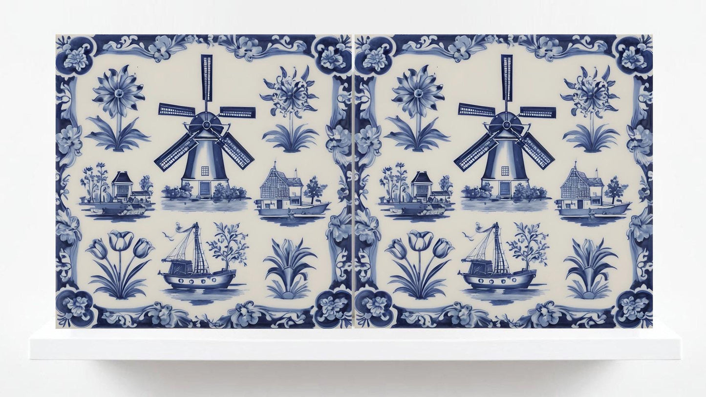 Delft Blue Tile - Set of 2 Delftware Tiles- Dutch Tiles - Delft Blue Ceramic Windmills - Delft Prints- Kitchen Backsplash, Sink,Bathroom