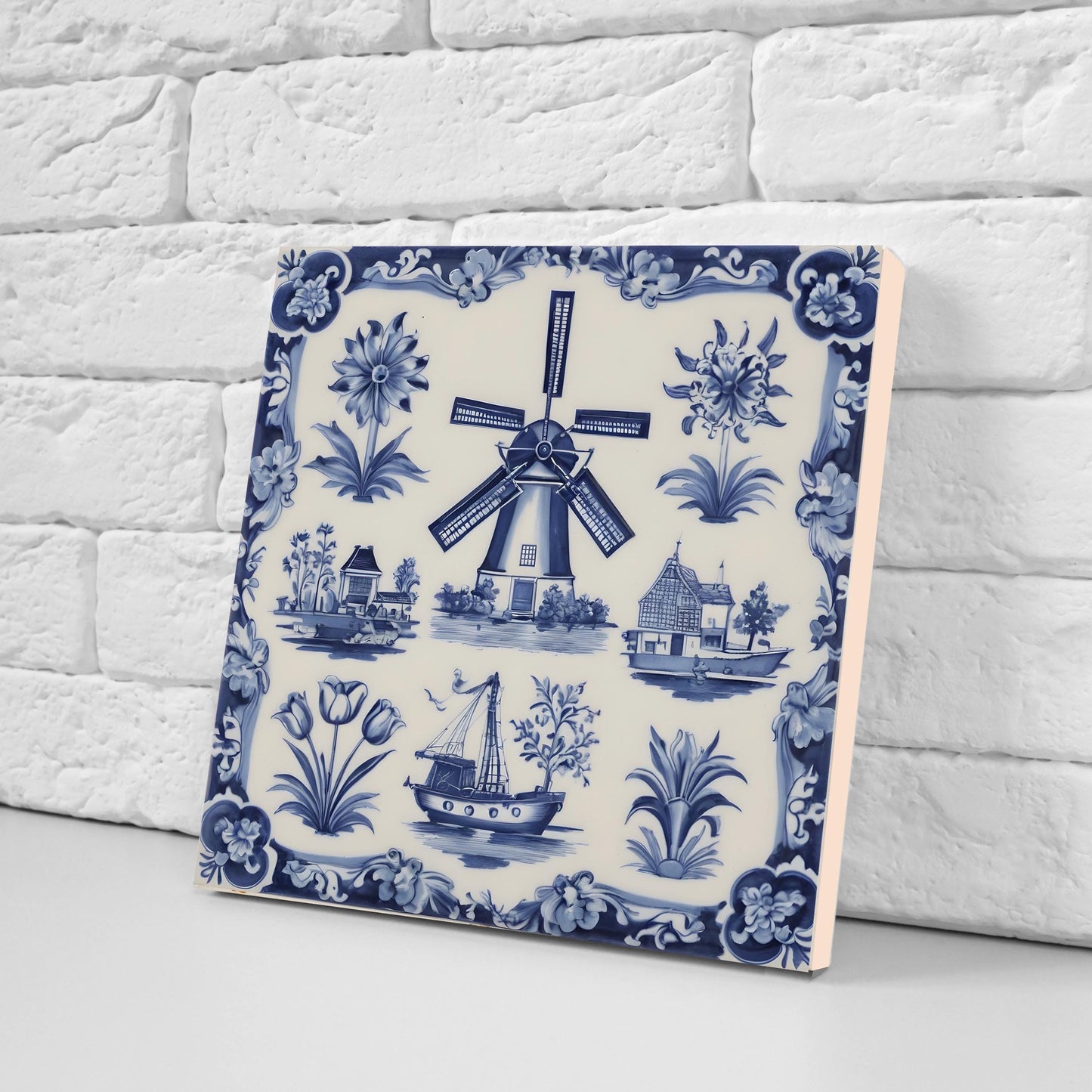 Delft Blue Tile - Set of 2 Delftware Tiles- Dutch Tiles - Delft Blue Ceramic Windmills - Delft Prints- Kitchen Backsplash, Sink,Bathroom