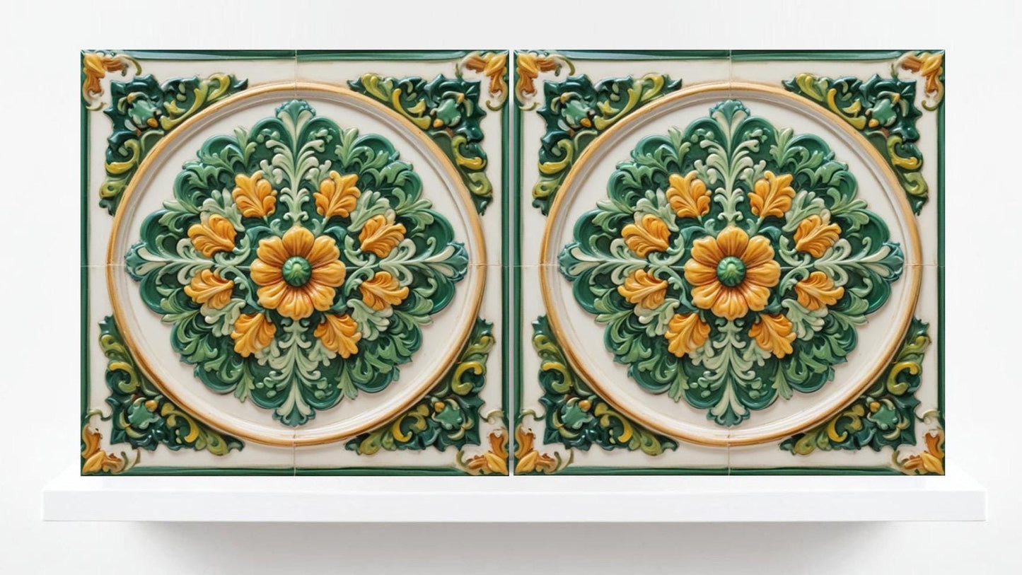 Italian Majolica Tiles Flower -Set of 2 Sicilian Wall Decor Tiles-Kitchen Backsplash ,Sink Splashback,Bathroom,Shower Wall Art,Fireplace