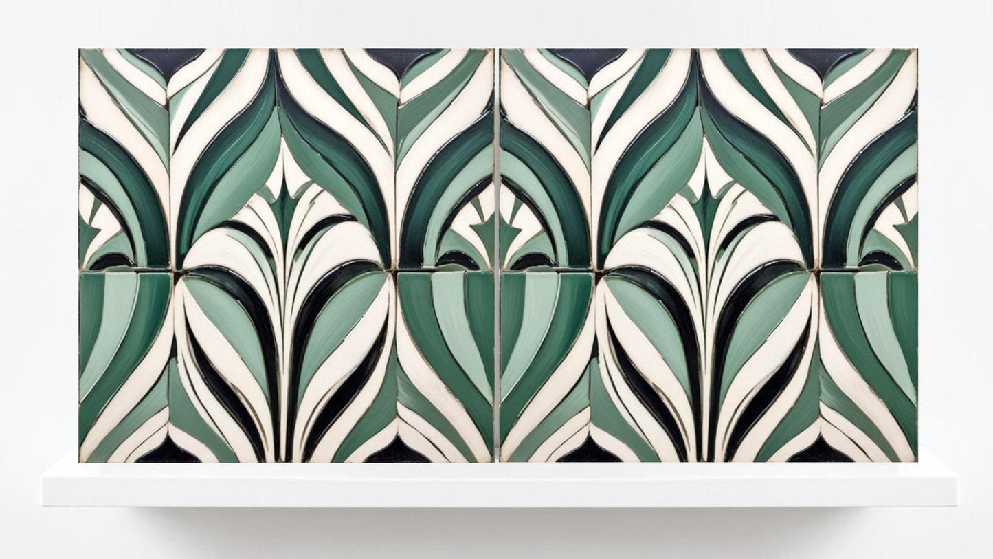 Art Deco Ceramic Tiles Green-Set of 2 Art Deco Wall Decor Geometric Tiles -Kitchen Backsplash,Shower,Bathroom Wall,Sink Splashback,Fireplace