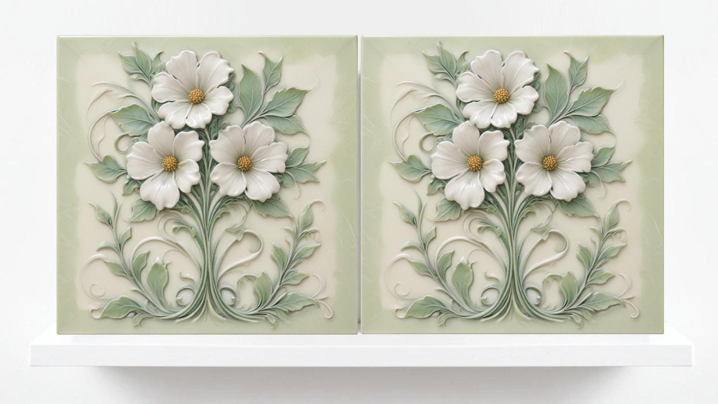 Art Nouveau Flower Ceramic Pastel Tiles - Set of 2 Botanical Wall Decor Tile - Kitchen Backsplash,Bathroom, Sink Splashback,Fireplace,Shower