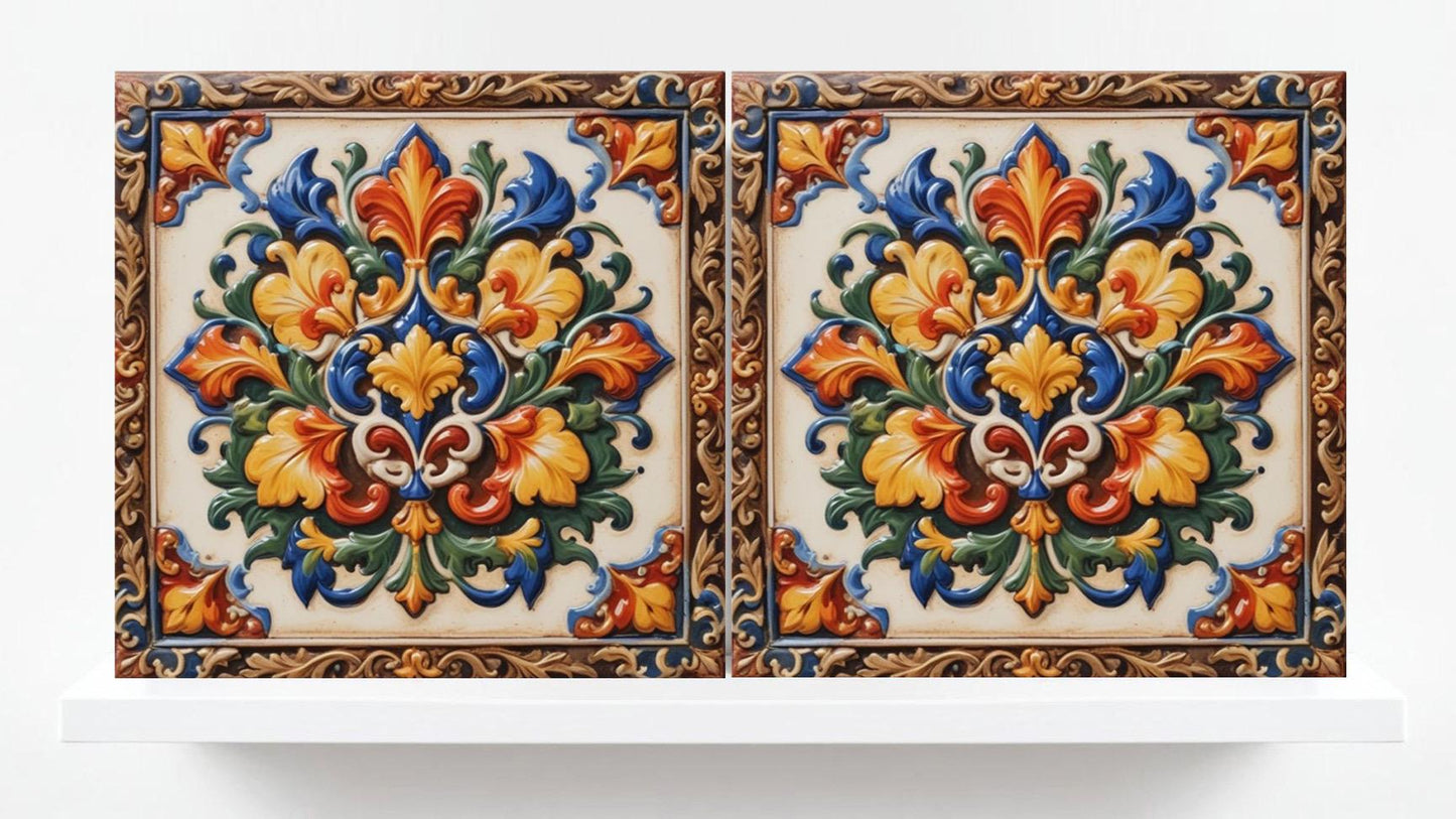 Italian Majolica Floral Tiles - Set of 2 Sicilian Wall Decor Tiles - Botanical Print - Kitchen Backsplash, Bathroom, Sink Splashback,Coaster