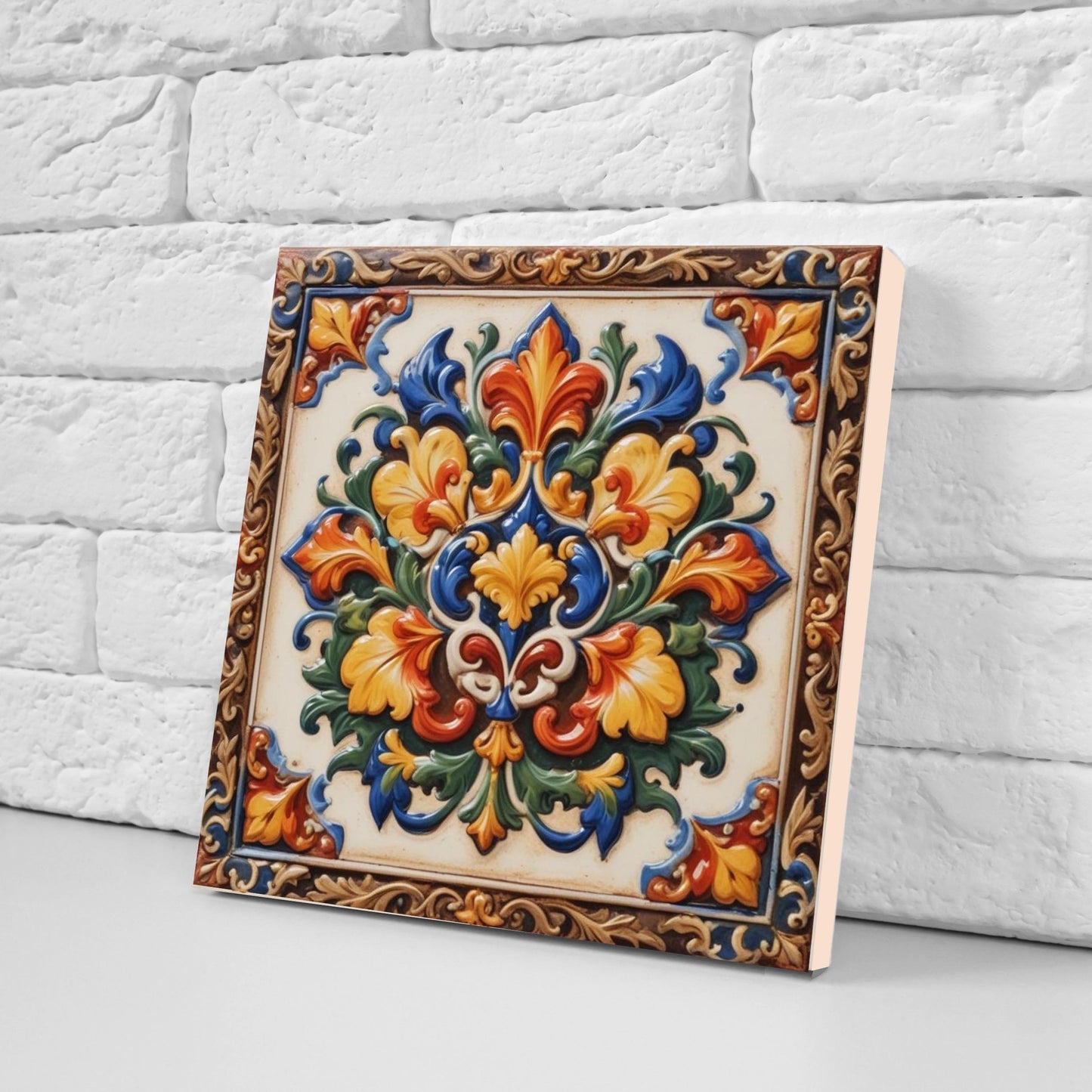 Italian Majolica Floral Tiles - Set of 2 Sicilian Wall Decor Tiles - Botanical Print - Kitchen Backsplash, Bathroom, Sink Splashback,Coaster