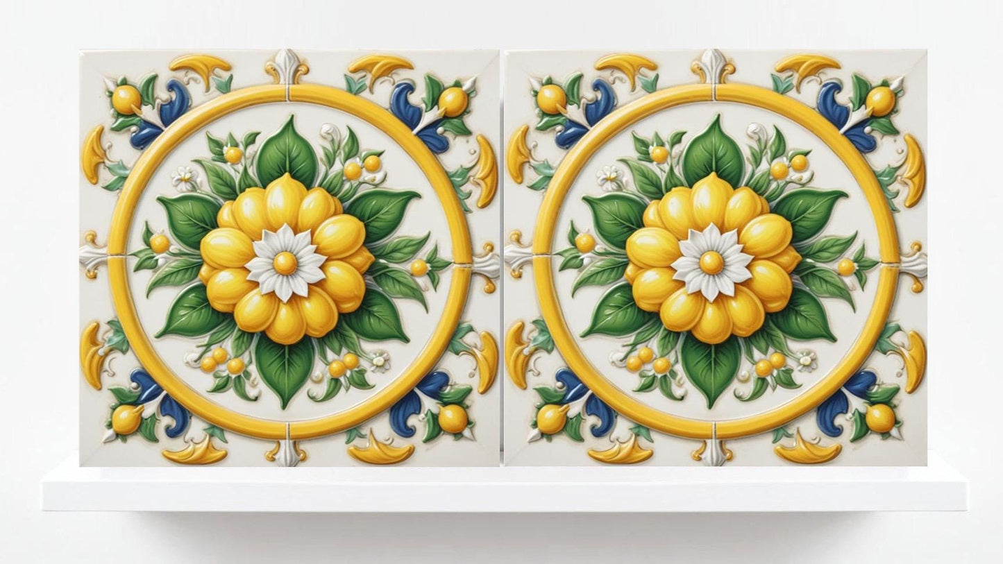 Italian Majolica Lemon Tiles - Set of 2 Mediterranean Wall Decor Tiles -Kitchen Backsplash,Bathroom, Shower Wall,Sink Splashback, Fireplace