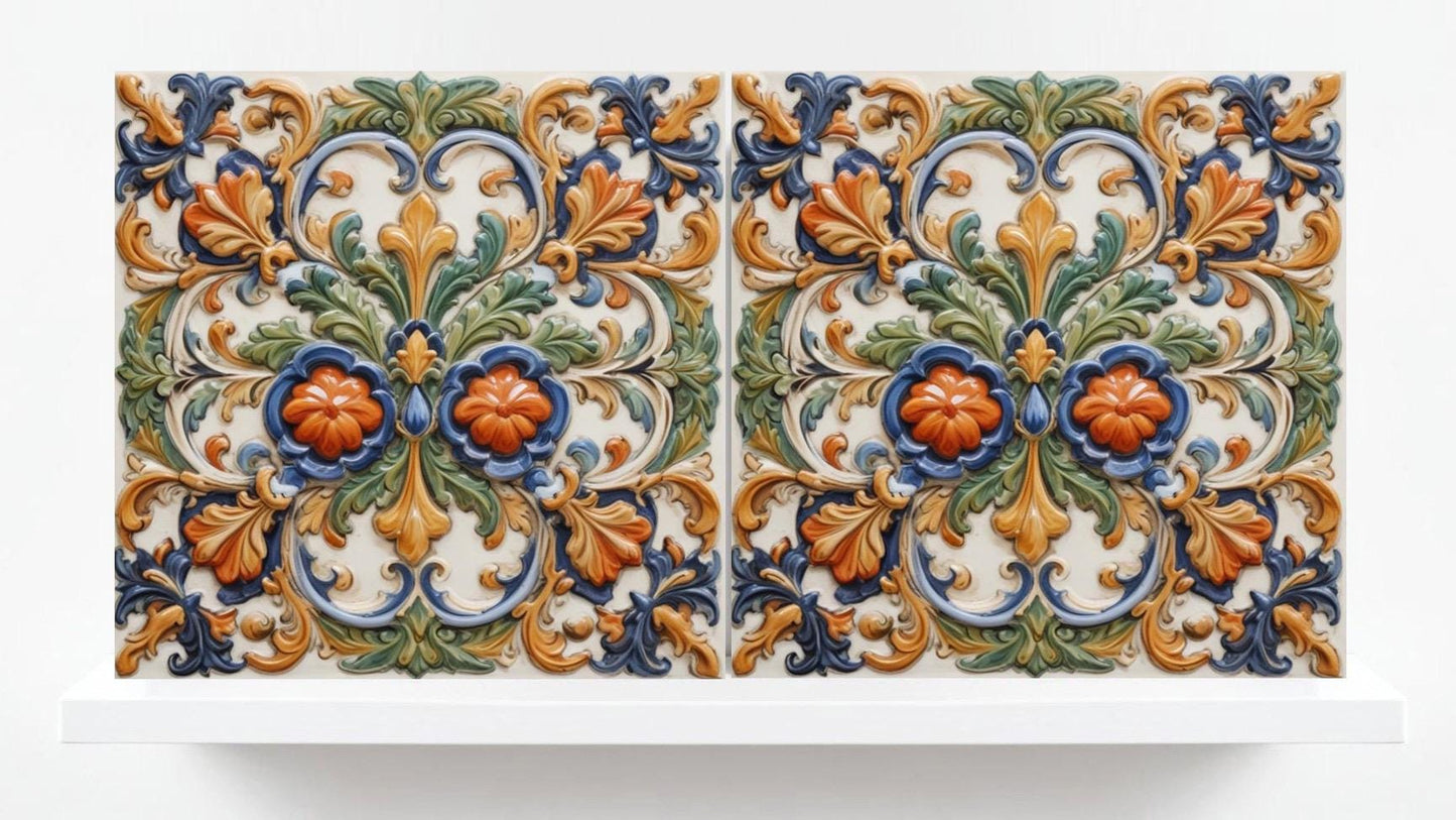 Italian Majolica Tiles - Set of 2 Sicilian Wall Decor Tile - Kitchen Backsplash, Sink Splashback,Bathroom,Shower Wall Art,Fireplace,Coaster