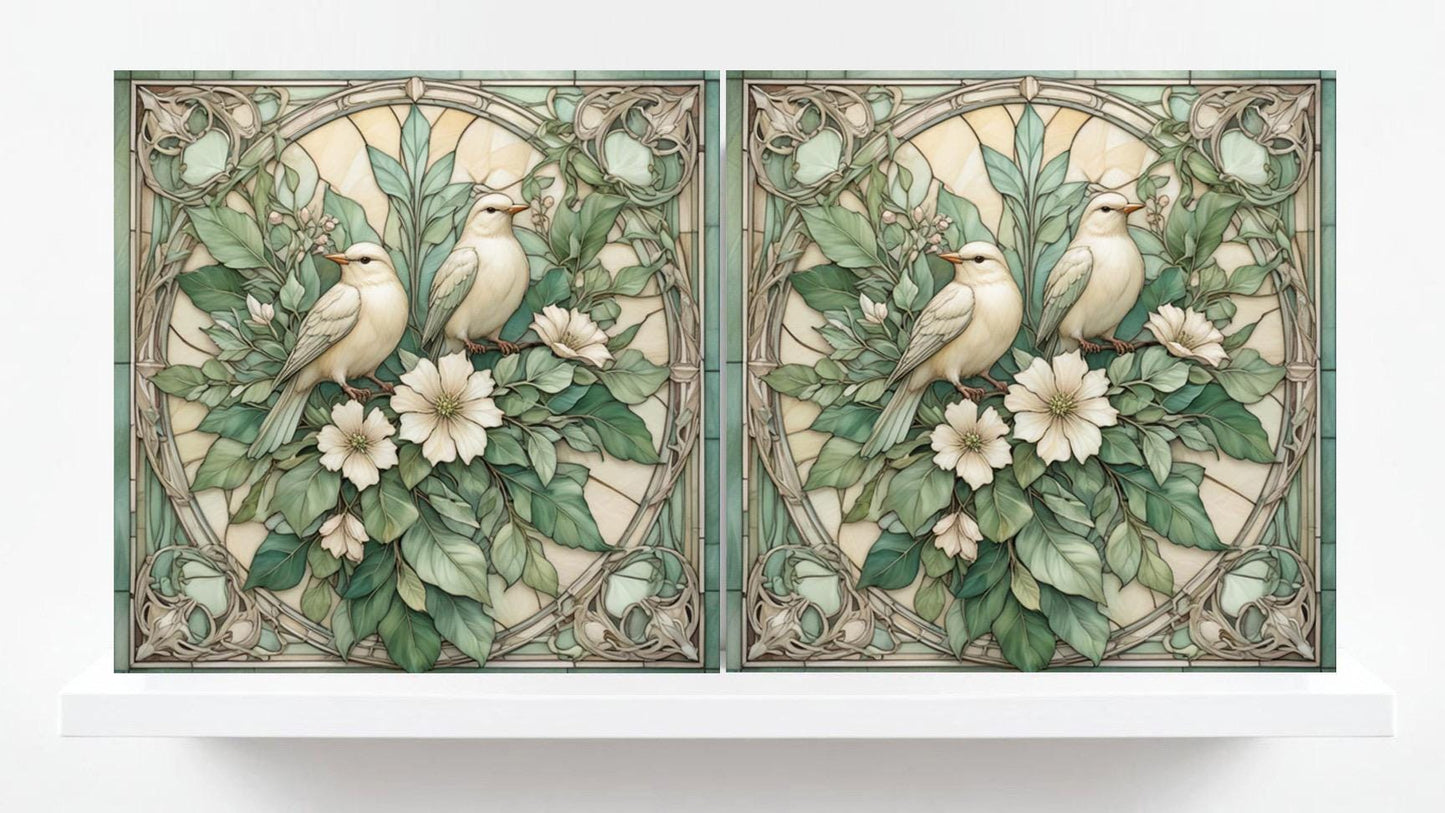 Art Nouveau Green Bird and Flower Ceramic tiles -Set of 2 Botanical Tiles Birds Wall Decor ,Birds Tiles -Kitchen Backsplash Tiles,Bathroom