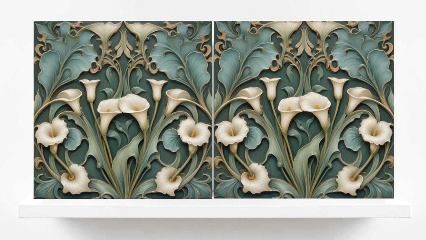Calla Lily Tile Green Art Nouveau Tiles - Set of 2 - Flower Botanical Art Print Ceramic Tiles -Kitchen Backsplash, Bathroom,Sink Splashback