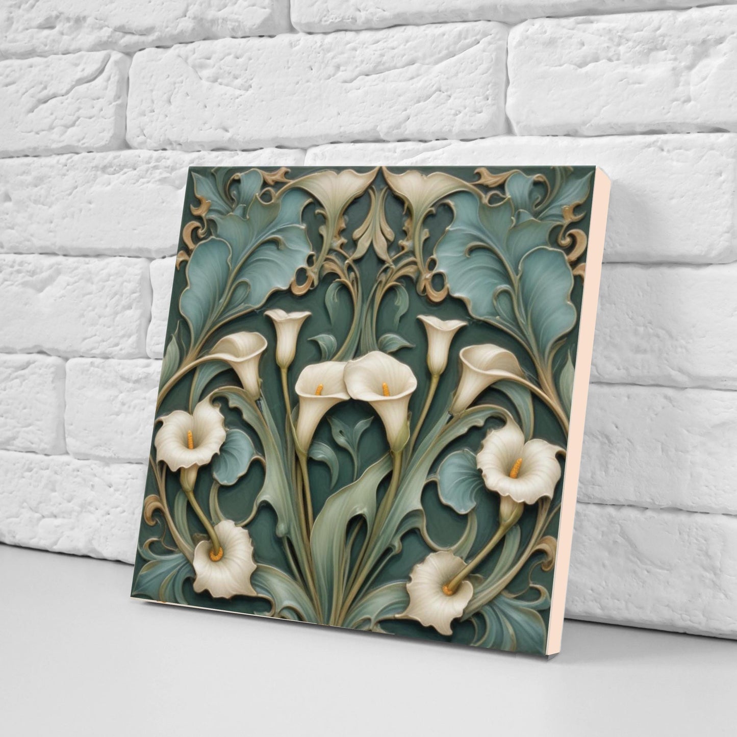 Calla Lily Tile Green Art Nouveau Tiles - Set of 2 - Flower Botanical Art Print Ceramic Tiles -Kitchen Backsplash, Bathroom,Sink Splashback