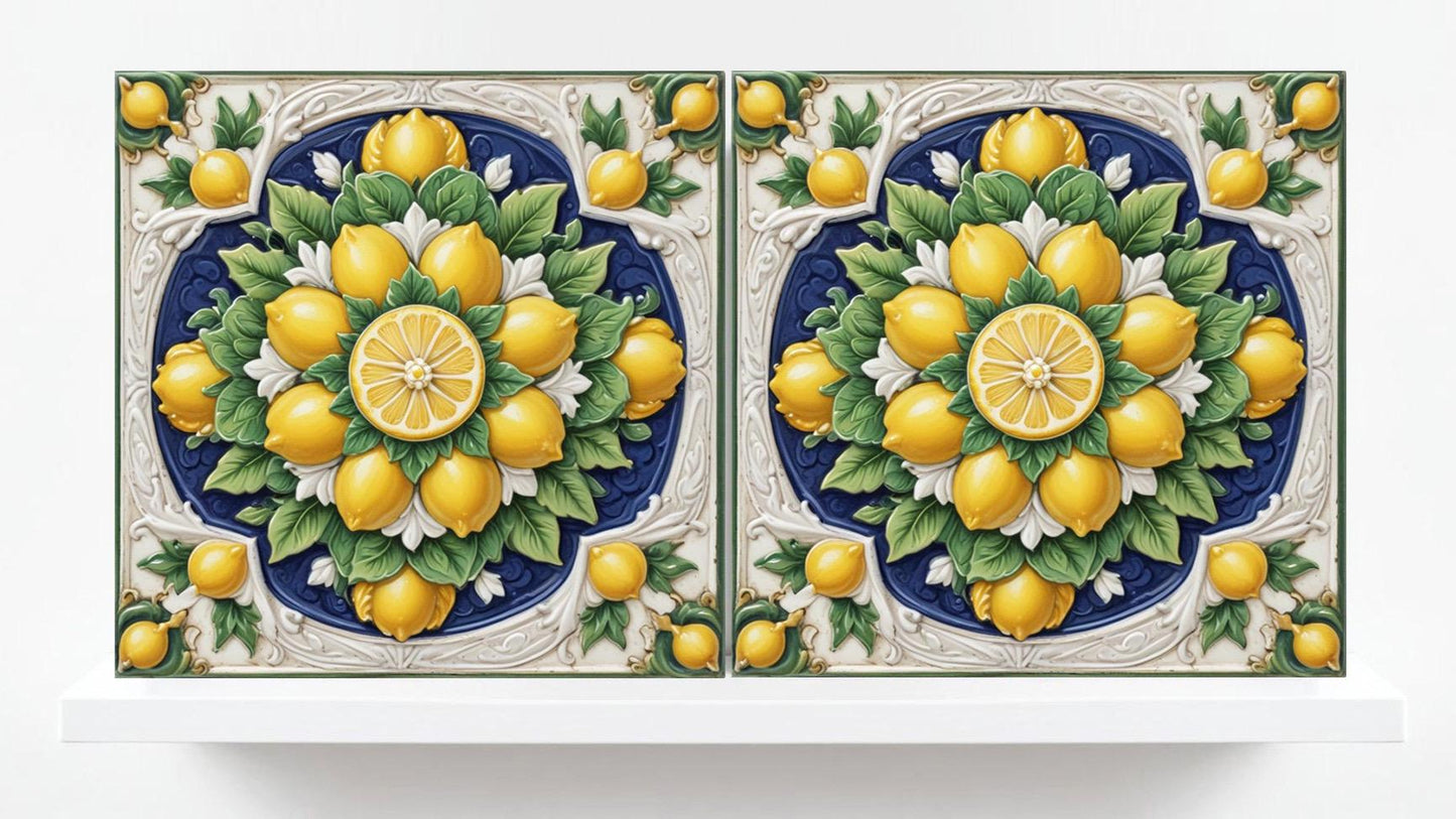 Italian Majolica Lemon Tiles - Set of 2 Mediterranean Wall Decor Tiles -Kitchen Backsplash,Bathroom, Shower Wall,Sink Splashback, Fireplace