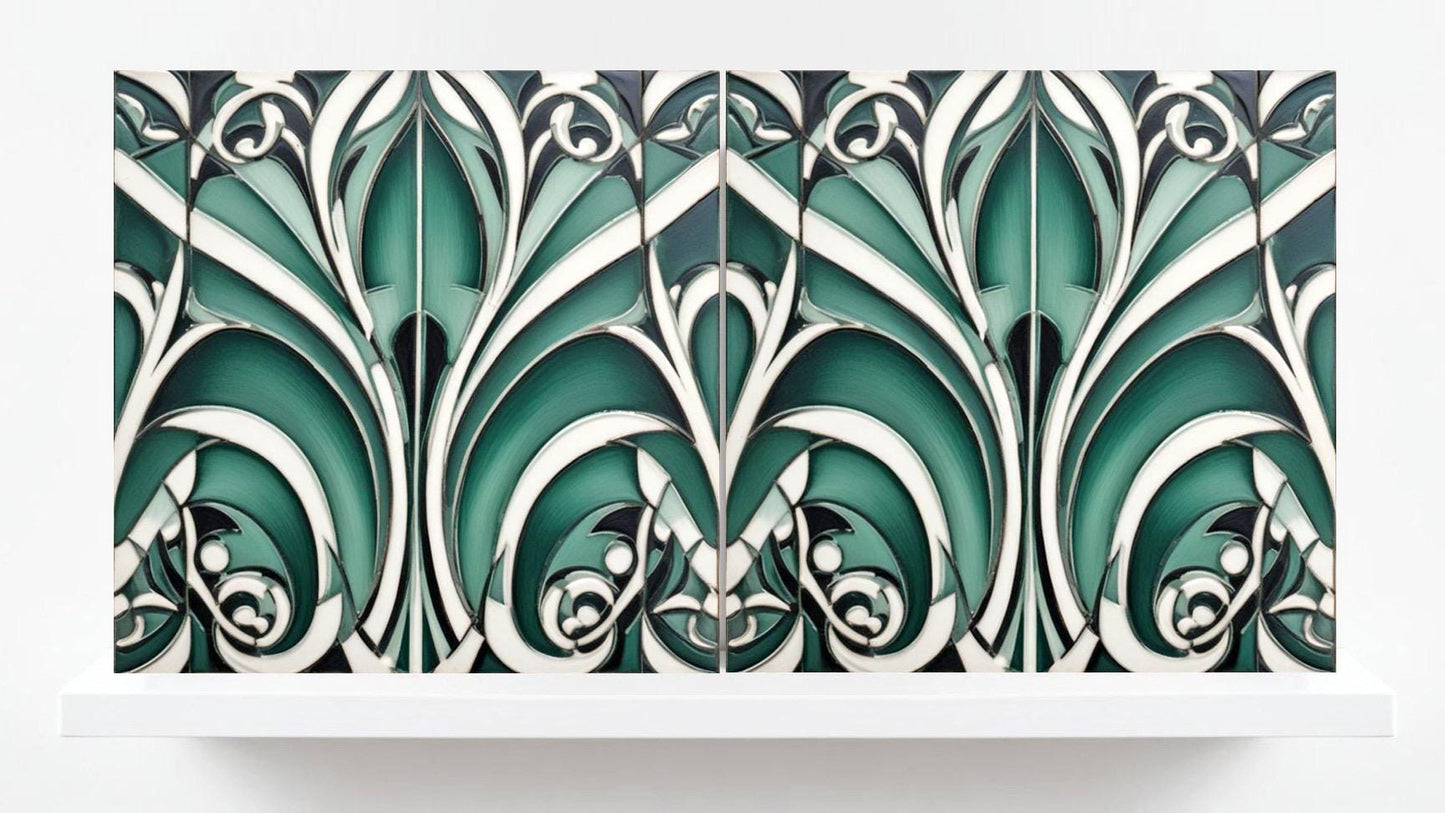 Art Deco Ceramic Tiles Green- Set of 2 Art Deco Wall Decor Geometric Tiles - Kitchen Backsplash Tiles,Table Decorative Tiles, Bathroom Tiles