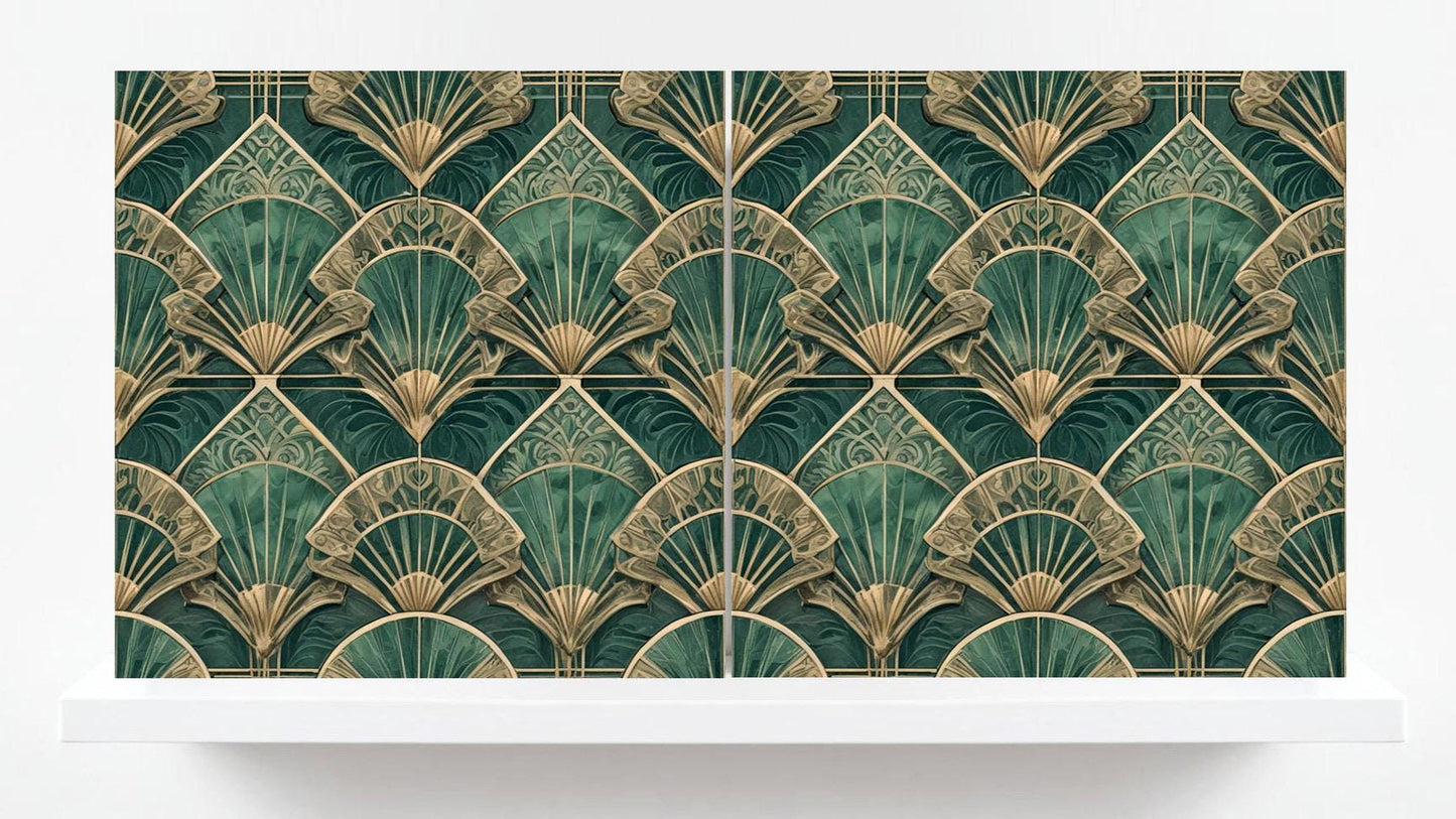 Art Deco Ceramic Tiles Green- Set of 2 Art Deco Wall Decor Geometric Tiles - Kitchen Backsplash Tiles,Table Decorative Tiles, Bathroom Tiles