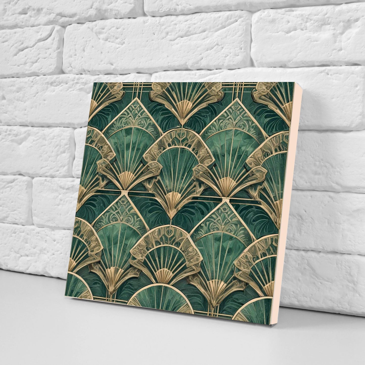 Art Deco Ceramic Tiles Green- Set of 2 Art Deco Wall Decor Geometric Tiles - Kitchen Backsplash Tiles,Table Decorative Tiles, Bathroom Tiles