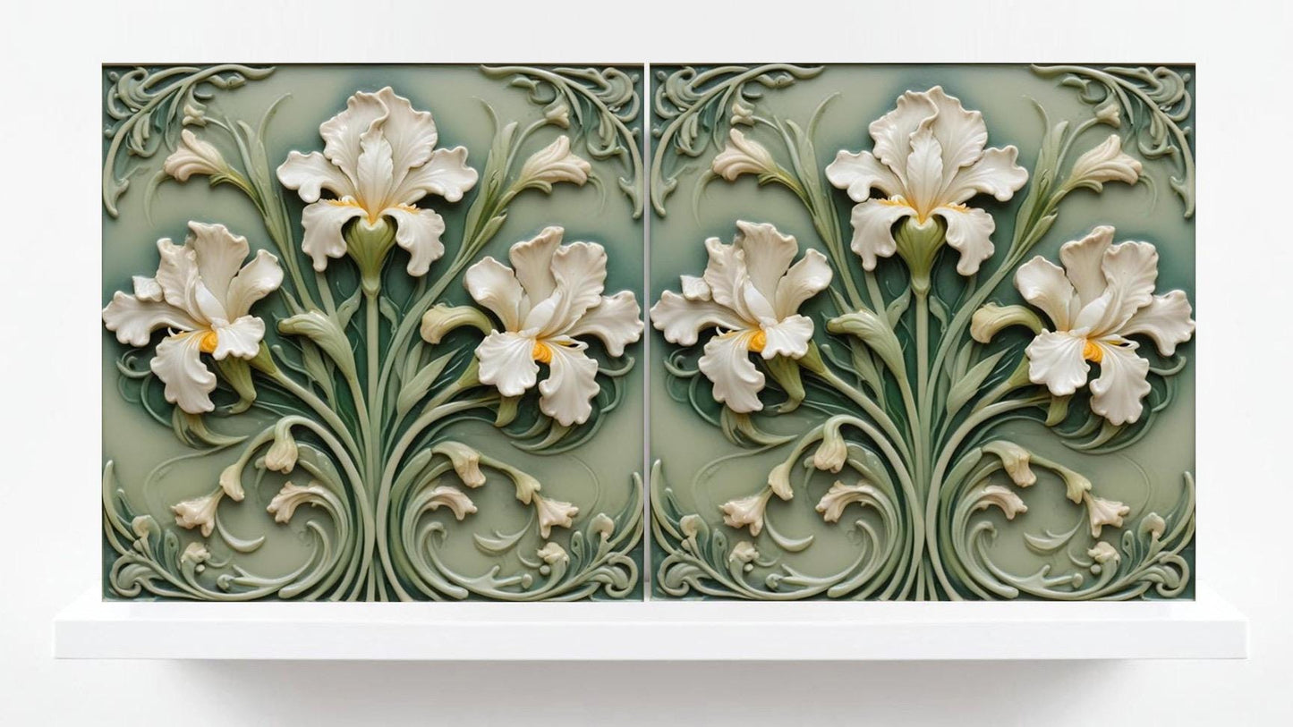 Art Nouveau Flower Ceramic tiles - Set of 2 Art Nouveau Irises Wall Decor Tiles - Iris Print, Kitchen Backsplash Tiles,Bathroom Shower Decor