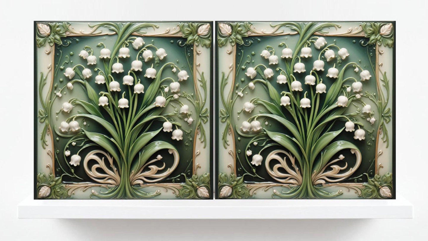Art Nouveau Flower Ceramic Tiles - Set of 2 Art Nouveau Wall Decor Tiles - Kitchen Backsplash Tiles, Table Decorative Tiles, Bathroom Tiles