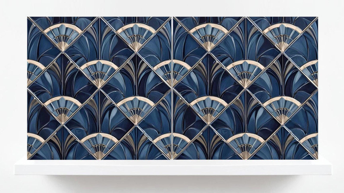 Art Deco Ceramic tiles Blue - Set of 2 Art Deco Wall Decor Geometric Tiles - Kitchen Backsplash , Bathroom, Sink Splashback, Accent Wall Art