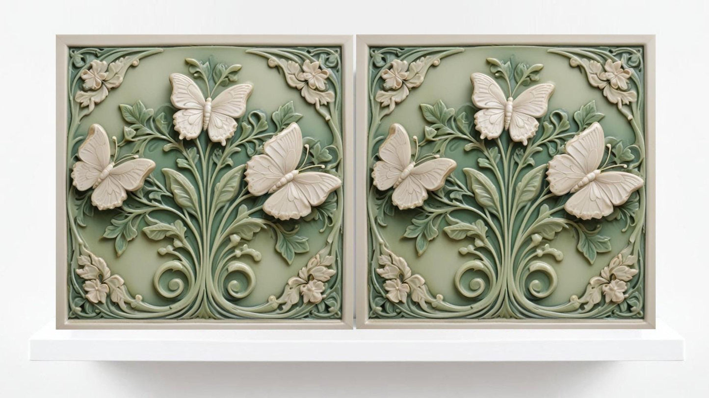 Butterfly Tile - Set of 2 Green Art Nouveau Tiles Wall Decor print -Kitchen Backsplash, Home Decor,Bathroom,Shower,Sink Splashback,Fireplace