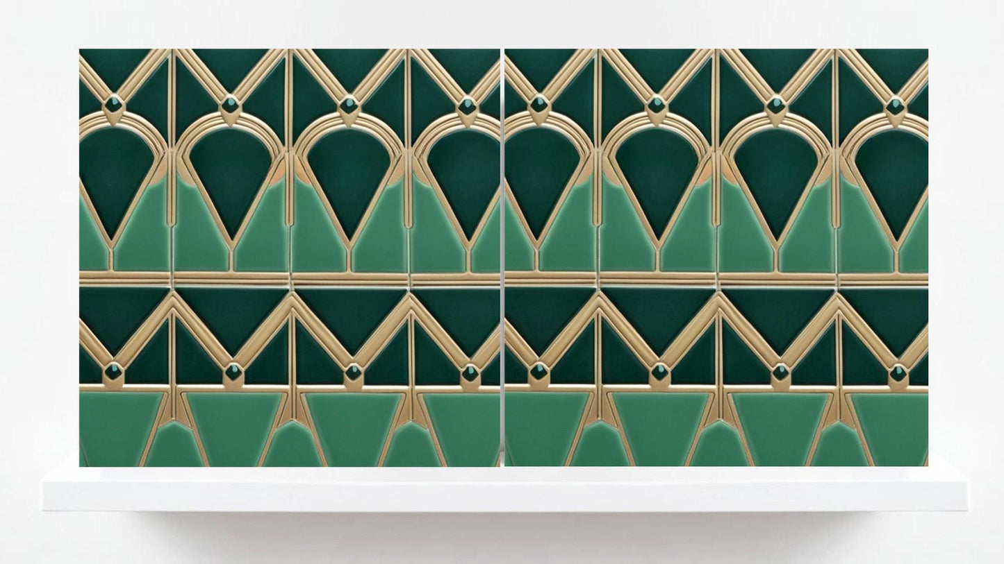Art Deco Ceramic Tiles Green- Set of 2 Art Deco Wall Decor Geometric Tiles - Kitchen Backsplash Tiles,Table Decorative Tiles, Bathroom Tiles