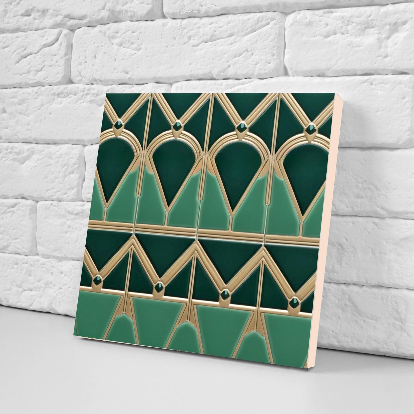 Art Deco Ceramic Tiles Green- Set of 2 Art Deco Wall Decor Geometric Tiles - Kitchen Backsplash Tiles,Table Decorative Tiles, Bathroom Tiles