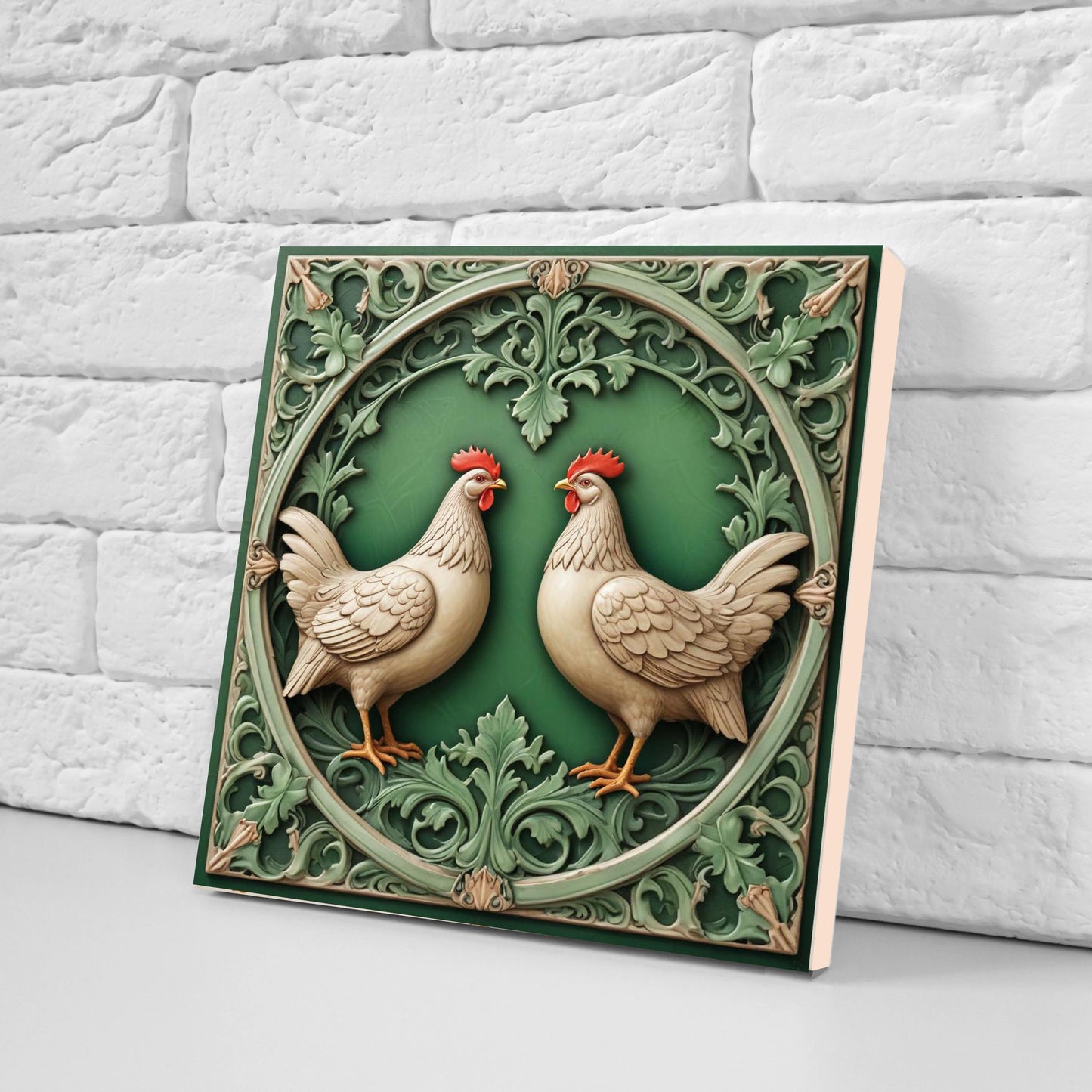 Art Nouveau Green Bird Ceramic tiles - Set of 2 Art Nouveau Hen Wall Decor Chicken Tiles,Kitchen Backsplash,Bathroom,Shower Wall,Fireplace