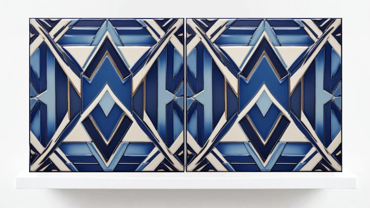 Art Deco Ceramic tiles Blue - Set of 2 Art Deco Wall Decor Geometric Tiles - Kitchen Backsplash , Bathroom, Sink Splashback, Accent Wall Art
