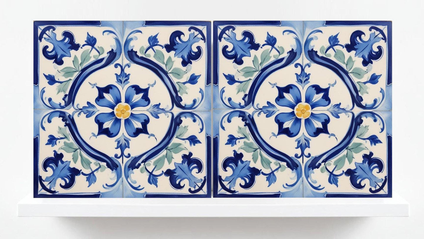 Italian Majolica Tiles Flower -Set of 2 Sicilian Wall Decor Tiles-Kitchen Backsplash Tiles, Sink Splashback,Bathroom,Shower Wall Art,Coaster