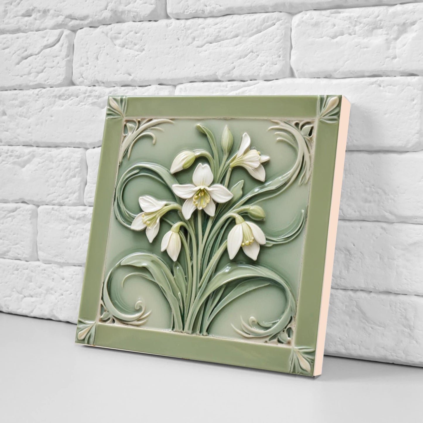 Snowdrop Tile Botanical Print Flower Ceramic Tiles -Set of 2 Green Art Nouveau Wall Decor-Kitchen Backsplash Tiles,Bathroom,Shower Wall,Sink