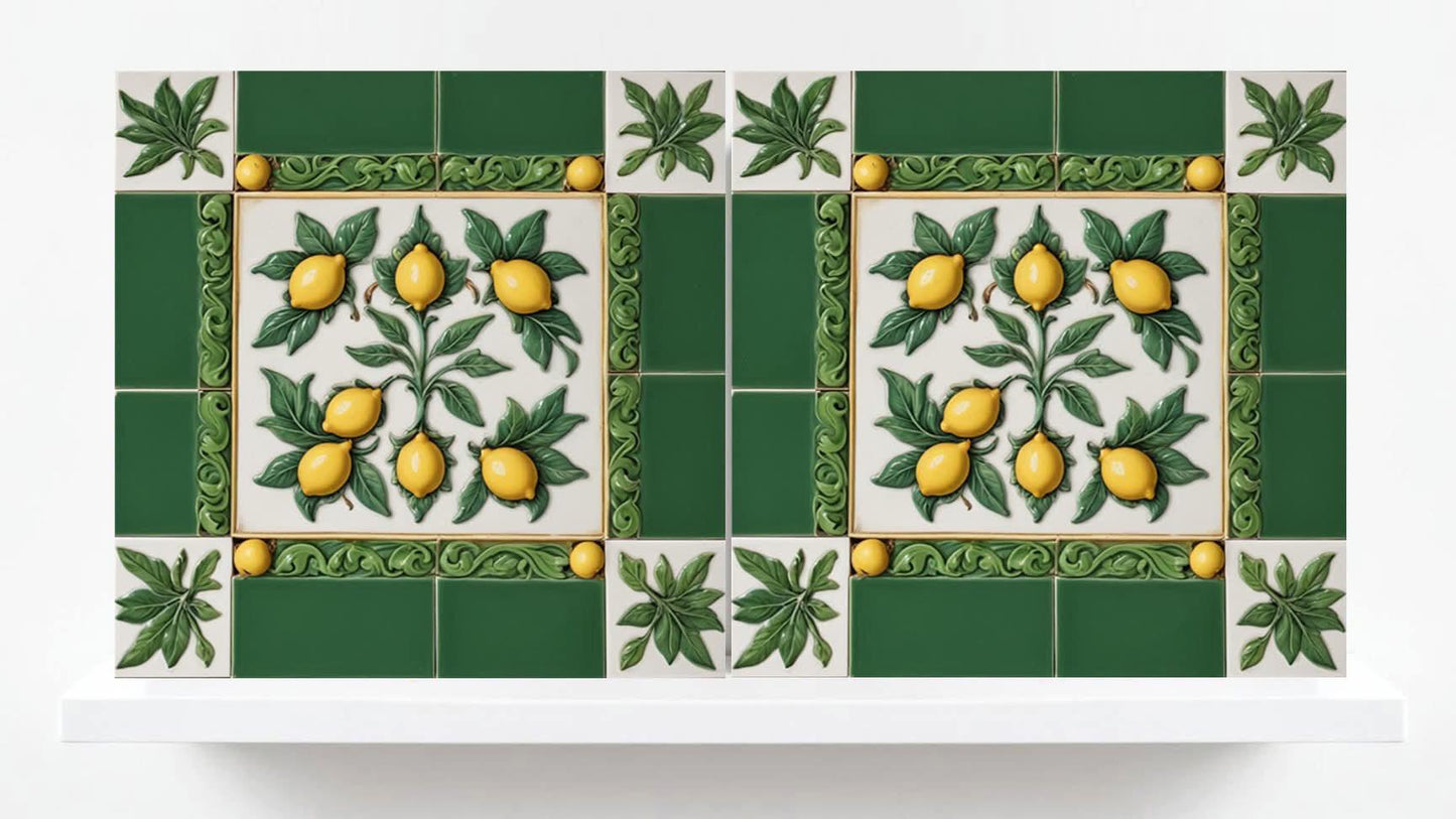 Italian Majolica Lemon Tiles - Set of 2 Mediterranean Wall Decor Tiles -Kitchen Backsplash,Bathroom,Shower Wall,Fireplace, Sink Splashback
