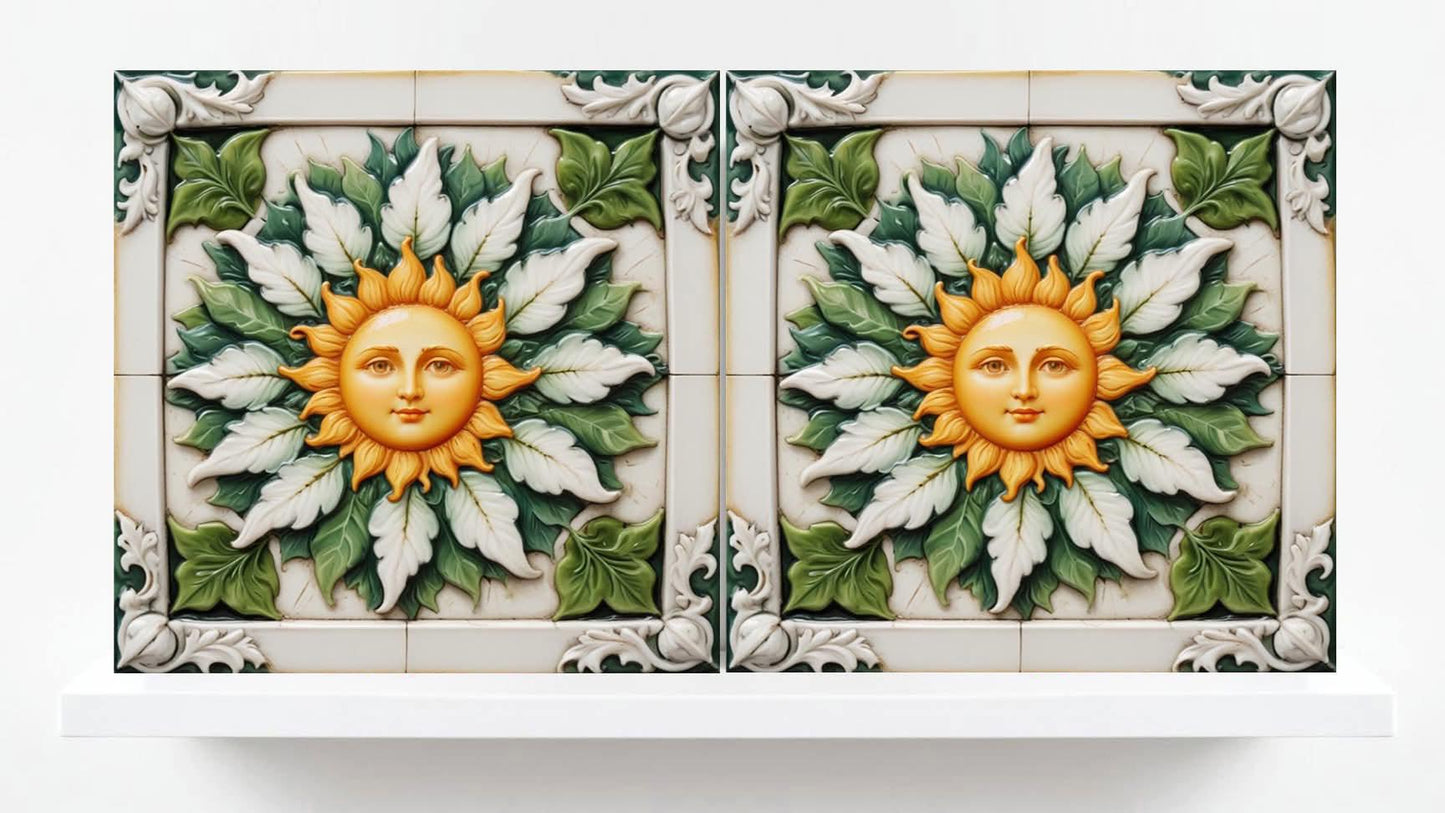 Sun Tile - Italian Majolica Sun Tiles Set of 2 Wall Decor Tiles -Kitchen Backsplash Tiles, Sink Splashback,Bathroom, Shower Wall Art,Coaster