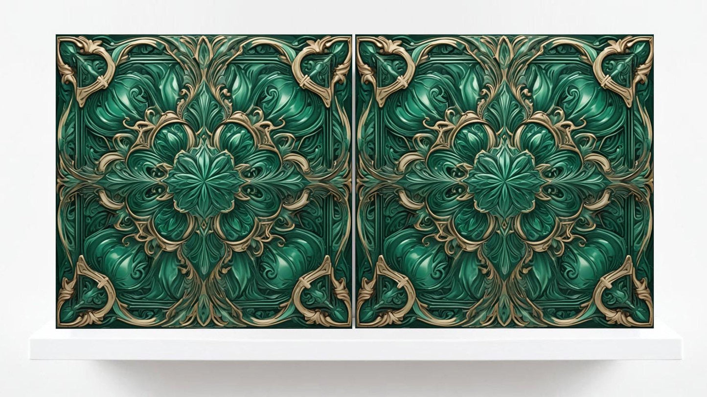 Art Deco Ceramic Tiles Green-Set of 2 Art Deco Wall Decor Geometric Tiles-Kitchen Backsplash,Sink Splashback,Bathroom, Shower Wall,Fireplace