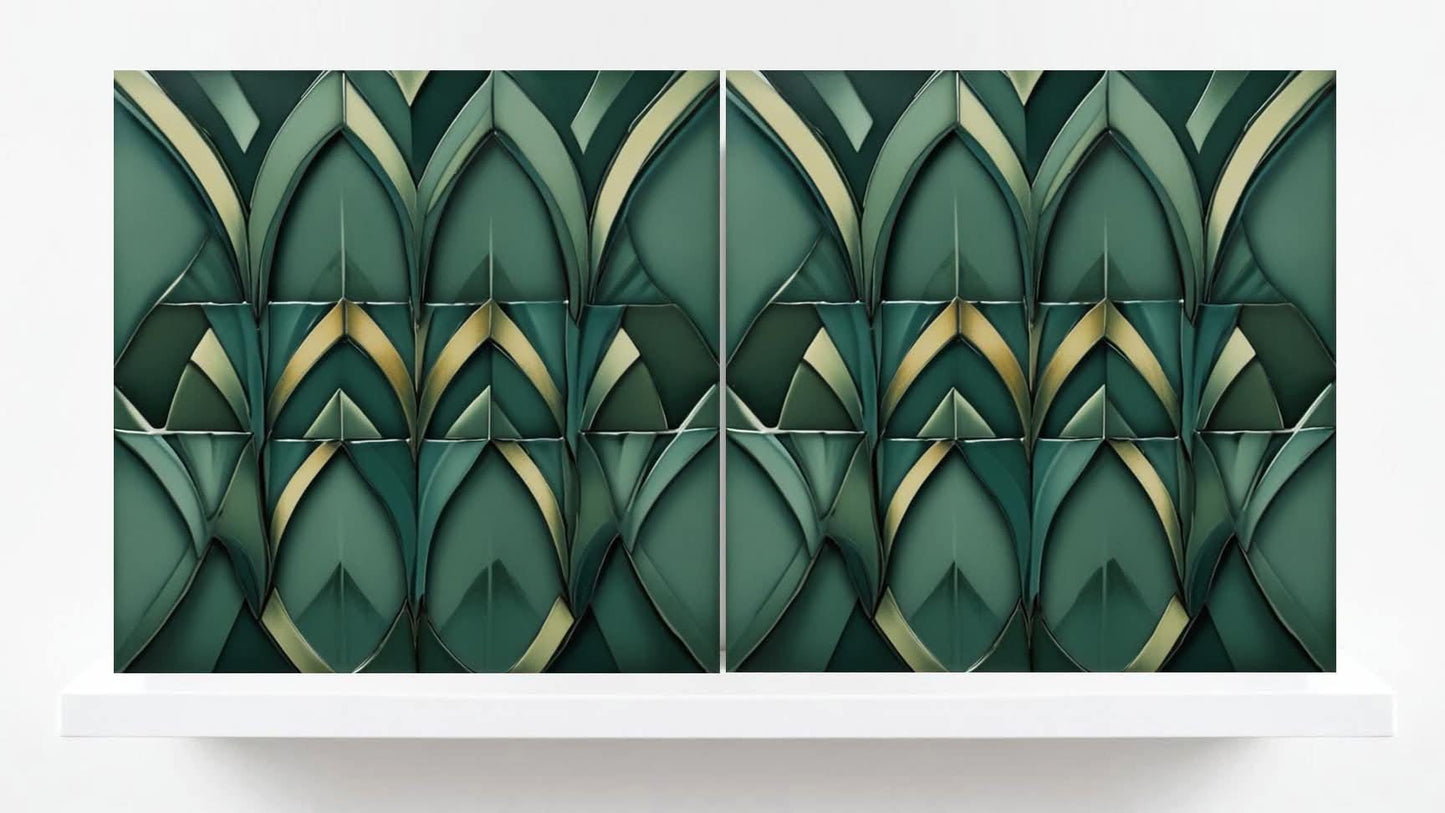 Art Deco Ceramic Tiles Green-Set of 2 Retro Wall Decor Geometric Tiles-Kitchen Backsplash,Fireplace,Sink Splashback,Bathroom, Shower Wall