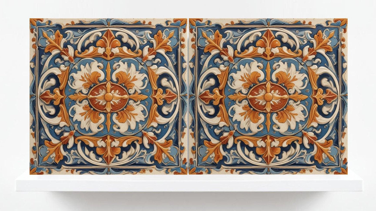 Italian Majolica Tiles - Set of 2 Sicilian Wall Decor Tiles - Kitchen Backsplash, Sink Splashback,Bathroom,Shower Wall Art,Fireplace,Coaster